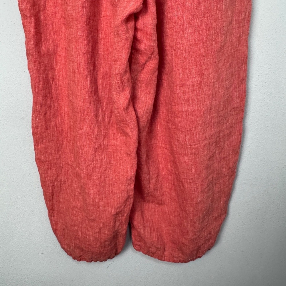 FLAX 100% Linen Wide Leg Pants Coral Orange Elastic Waist Pockets Size L - Picture 8 of 11